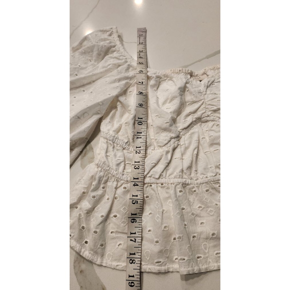 A New Day White Eyelet Puff Sleeve Cotton Crop Top Smocked Square Neck Peplum M - Picture 7 of 8